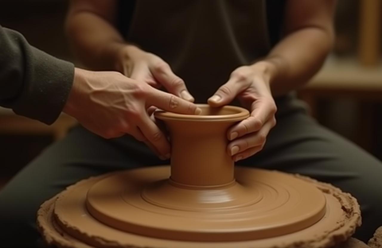 Mani esperte di un artigiano che modellano un vaso di argilla su un tornio da vasaio.