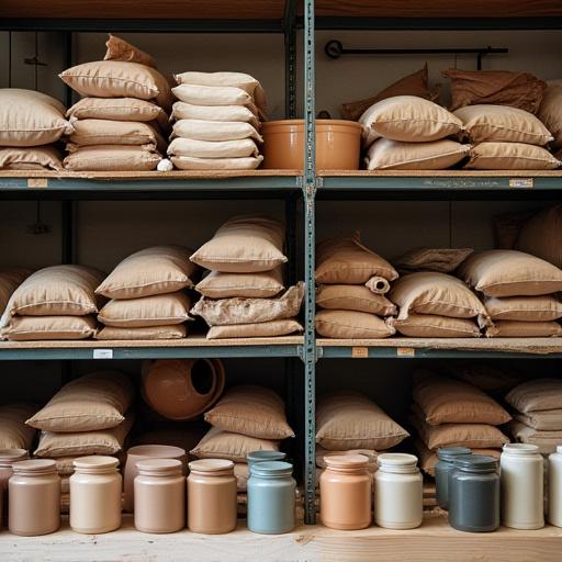 Scaffali con sacchi di argilla e barattoli di smalti.