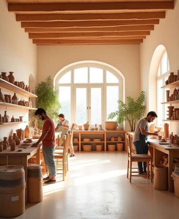 Interno luminoso dello studio Orizzonte Creta con artisti al lavoro e ceramiche esposte.