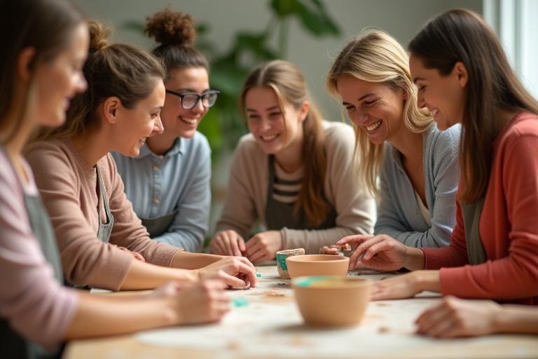 Un gruppo di colleghi che collabora e ride durante un'attività di ceramica.
